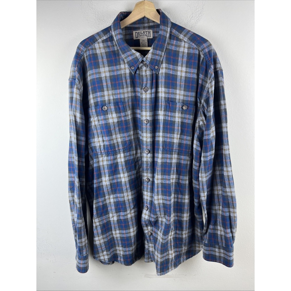 Duluth Trading Co. Men's 2XL Blue Gray Plaid Long Sleeve Button Up Shirt